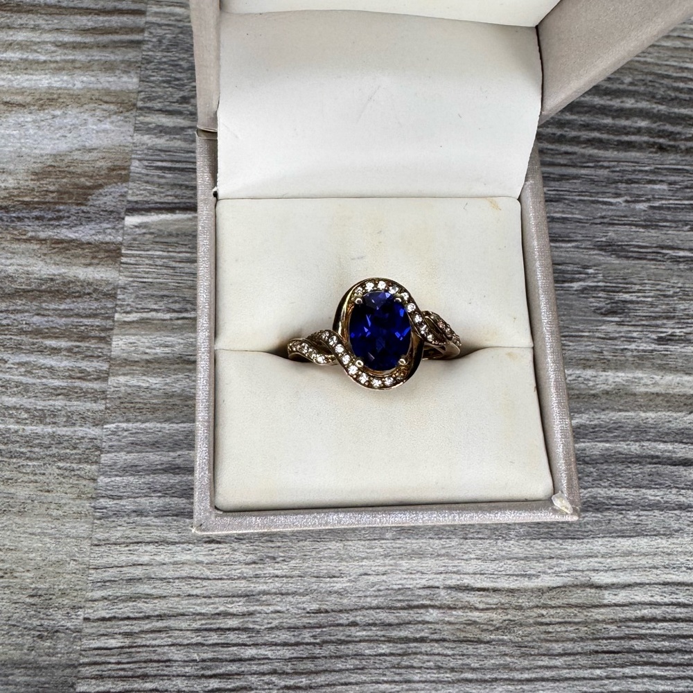 Gold Over Silver Lab Created Blue and White Oval Sapphire Ring 22k Gold Size 7